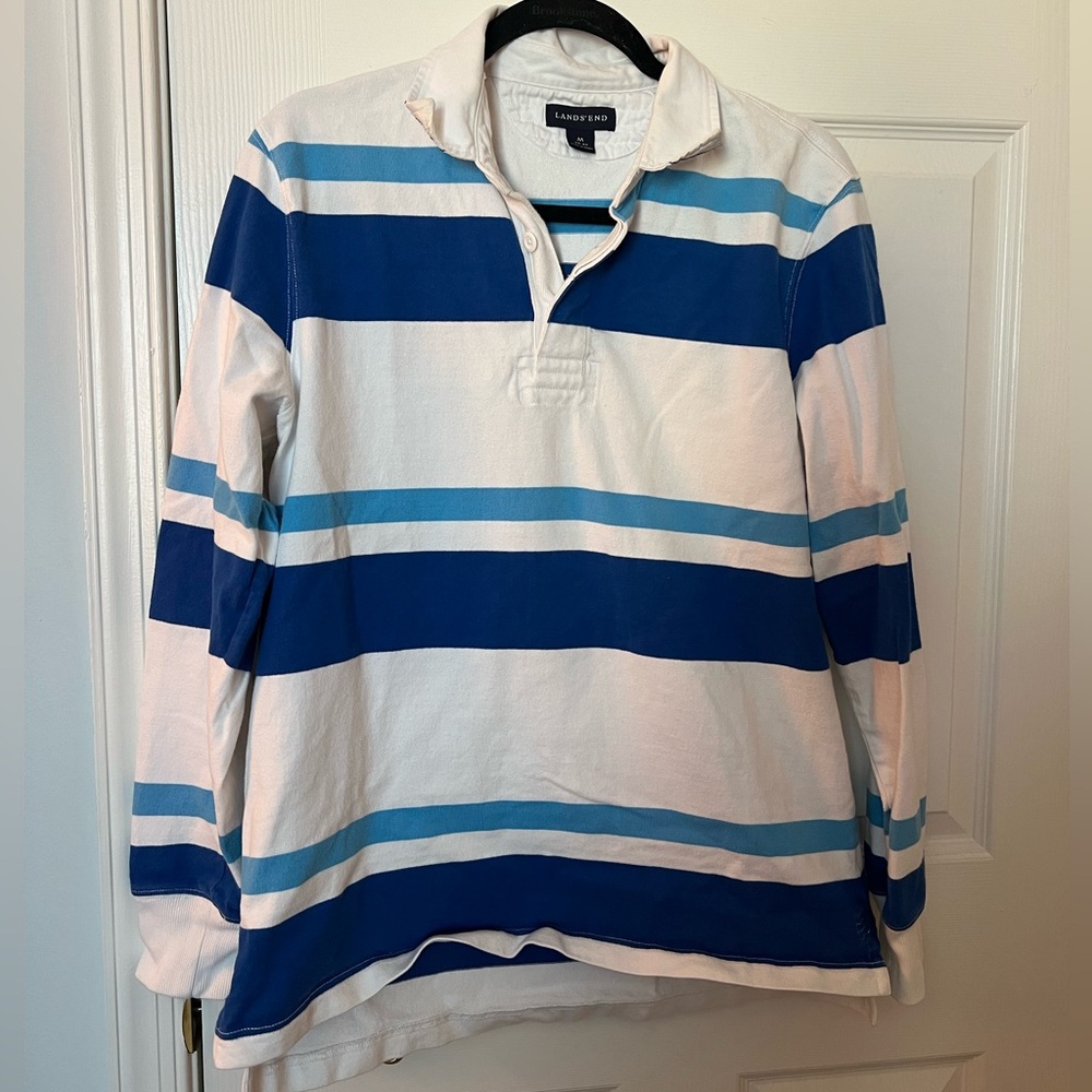Men’s Land’s End Blue & White Stripe Rugby Top